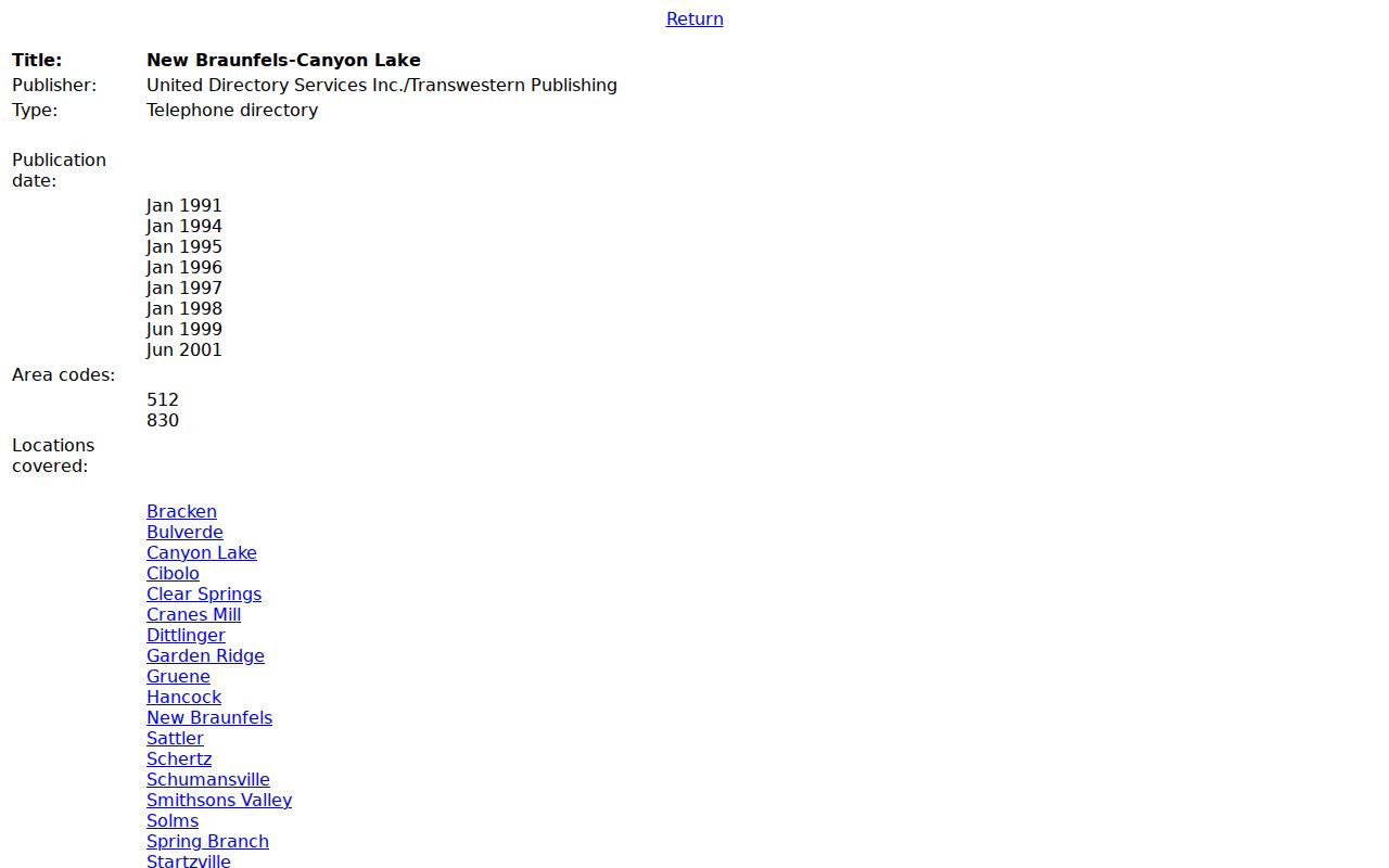 Canyon Lake city directory citation for the New Braunfels regional collection