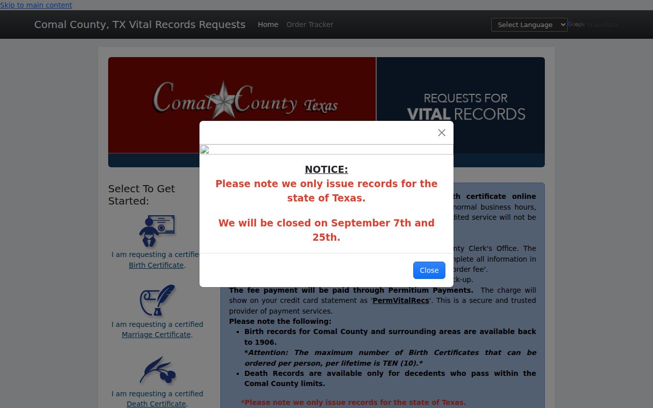 Canyon Lake resident lookup at the Comal County vital records application